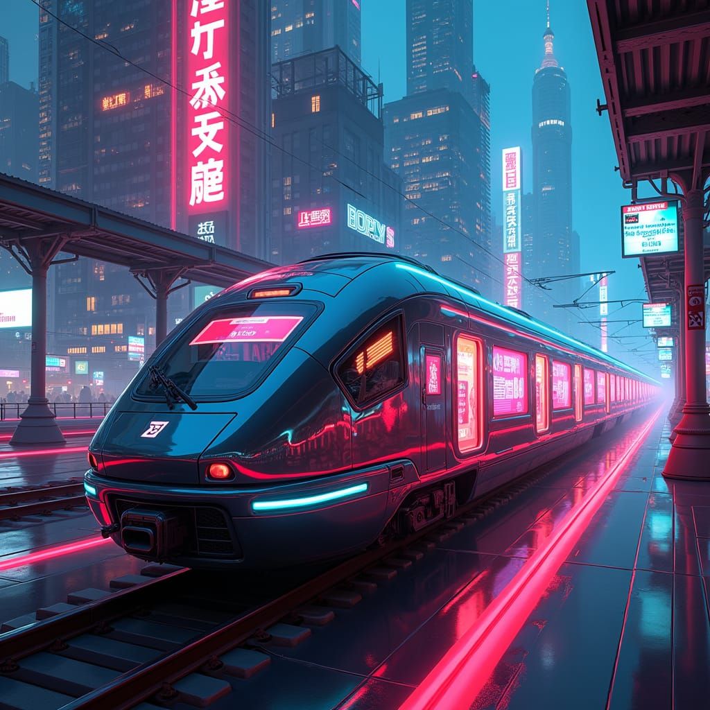 Futuristic Train Speeds Through Neon Metropolis