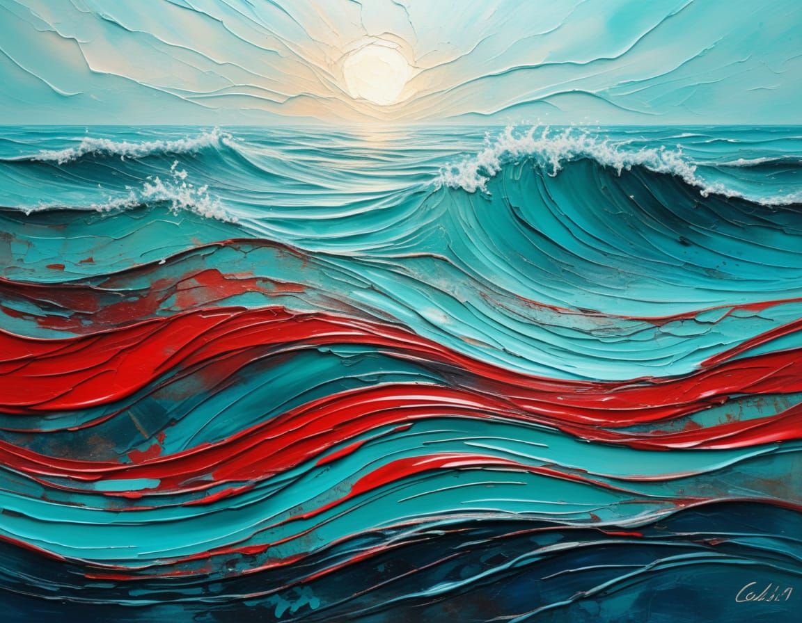 Textured Oil Painting of Red and Aqua Light Waves
