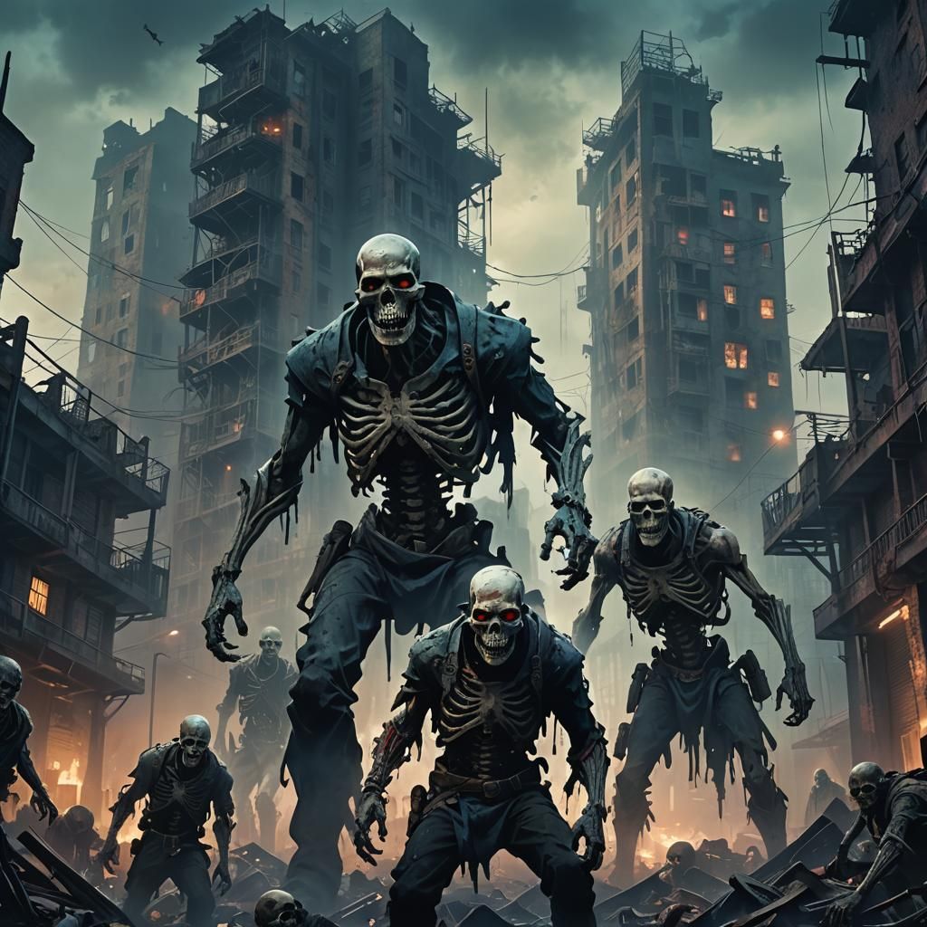 Zombies in Post-Apocalyptic Cityscape: Dark Fantasy Art