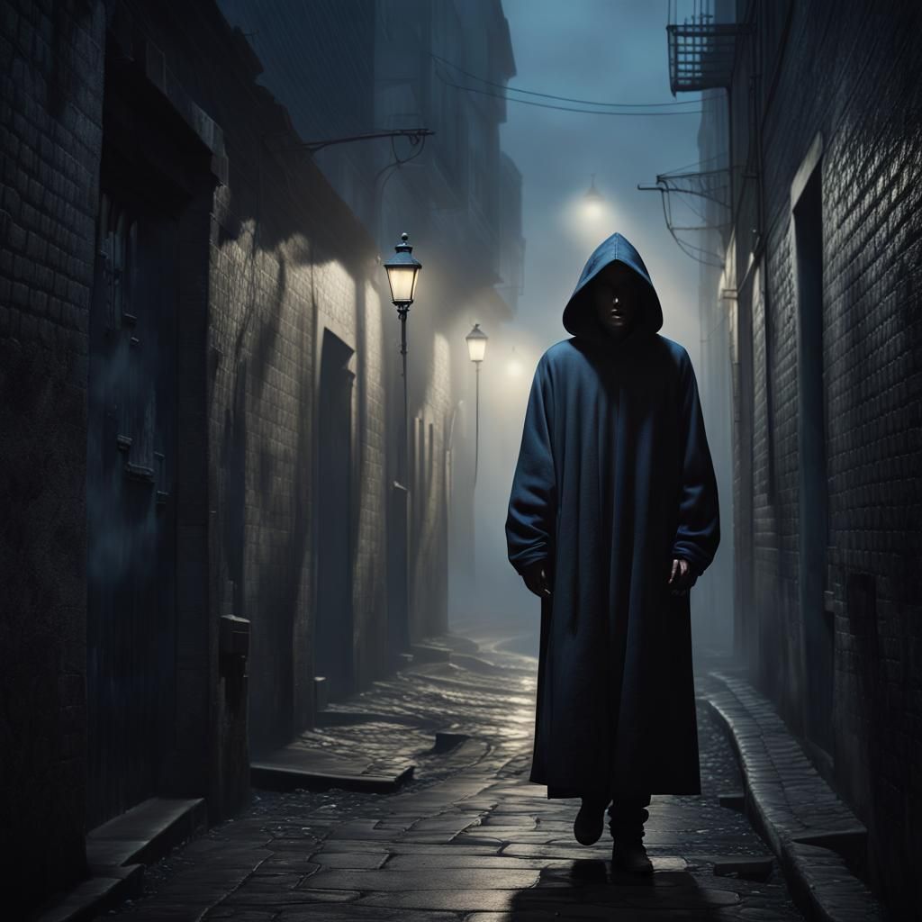 Mysterious Hooded Figure in Foggy Alleyway