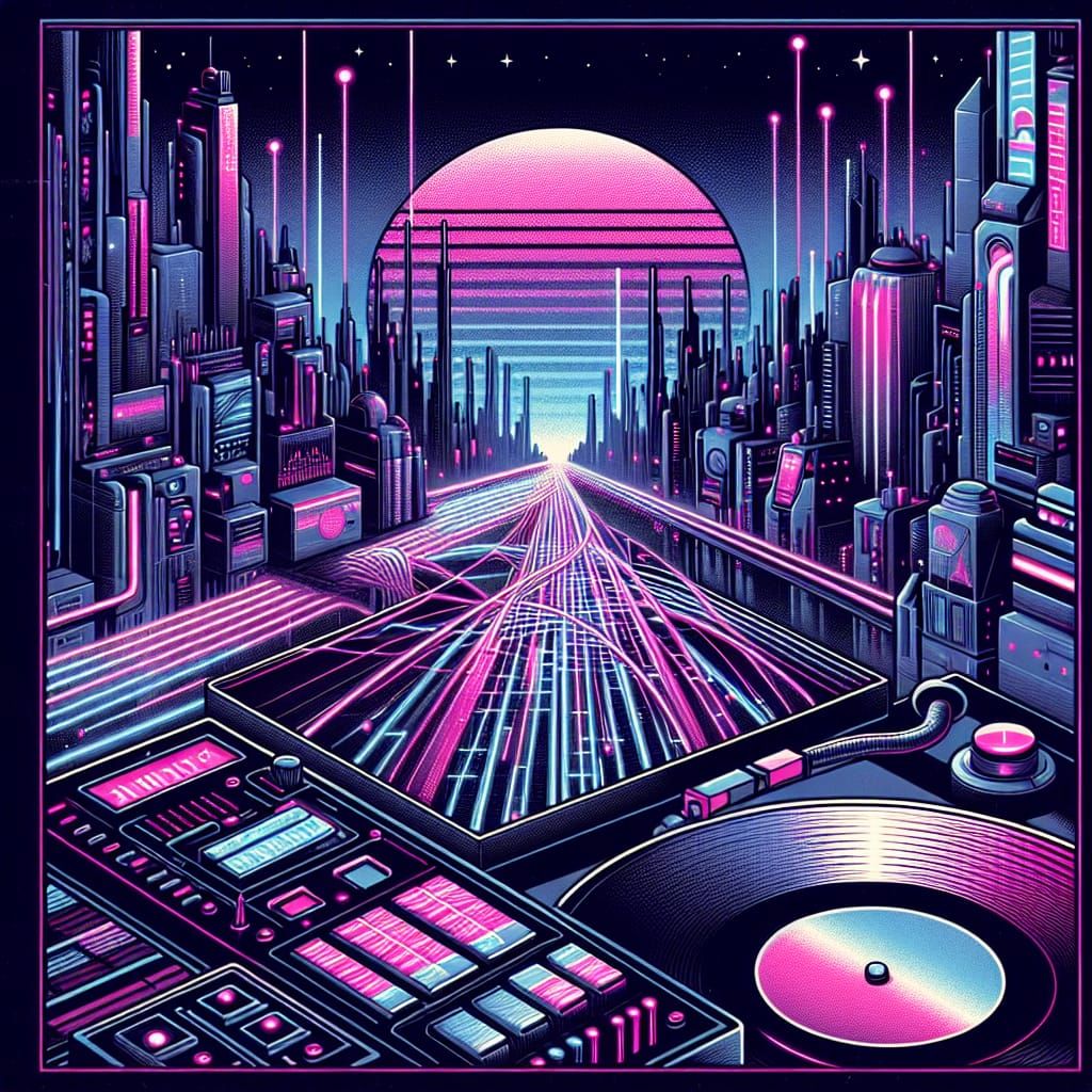 Synthwave Album Cover: Neon Cityscape in Pink and Purple