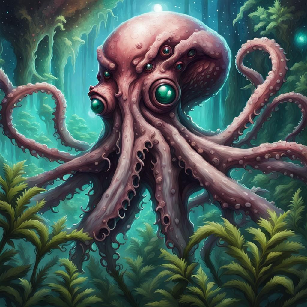 Alien Octopus in Magical Marijuana Garden: Aetherpunk Art