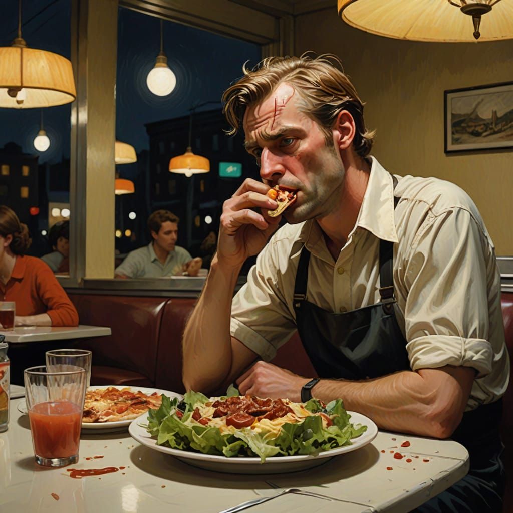 Tormented Man Torn Between Healthy Salad and Forbidden Fast....