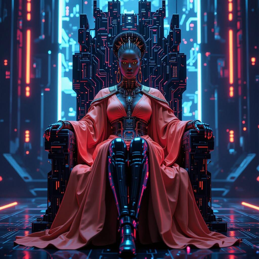Cyborg Queen on Circuit Throne in Futuristic Palace