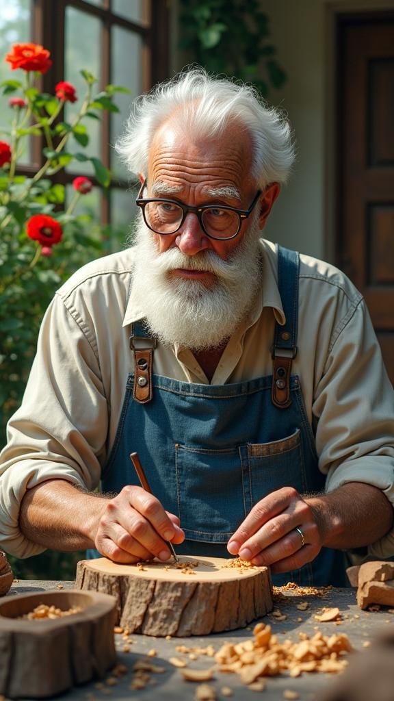 Old Man Carving Wood in Lush Garden, Hyperrealistic Art