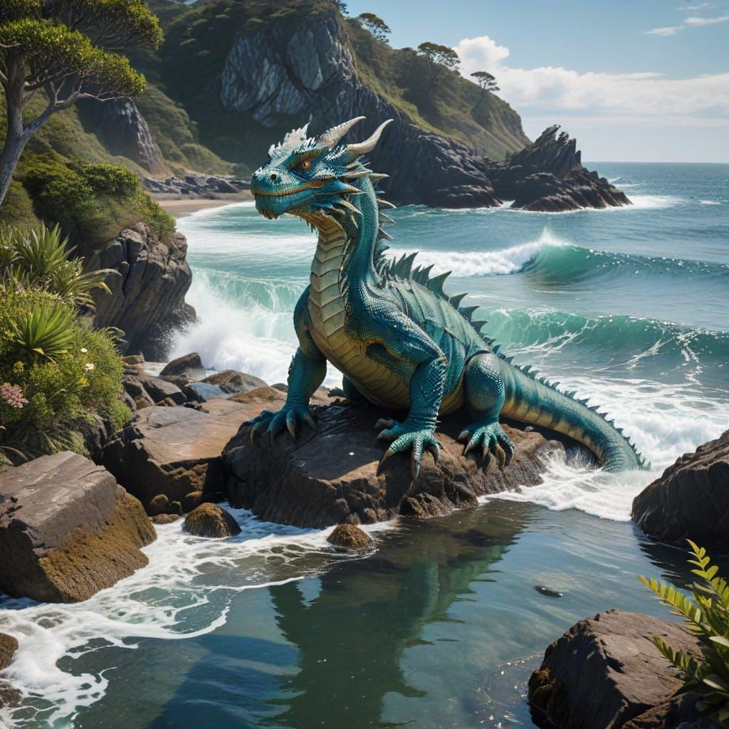 Water Dragon in Coastal Landscape
