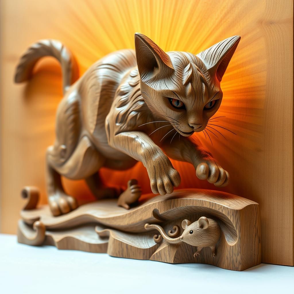 Oak Wood Carving: Cat and Mouse Chase