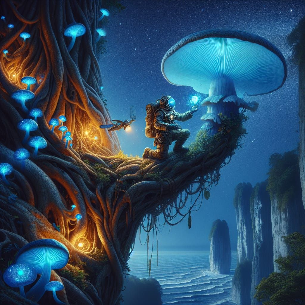 Steampunk Astronaut Harvesting Bioluminescent Mushroom