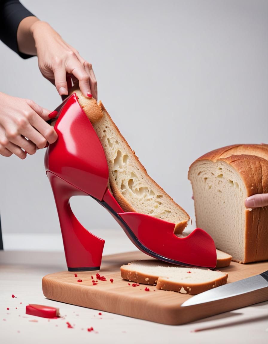Surreal Image: Woman Slicing a High Heel Shoe