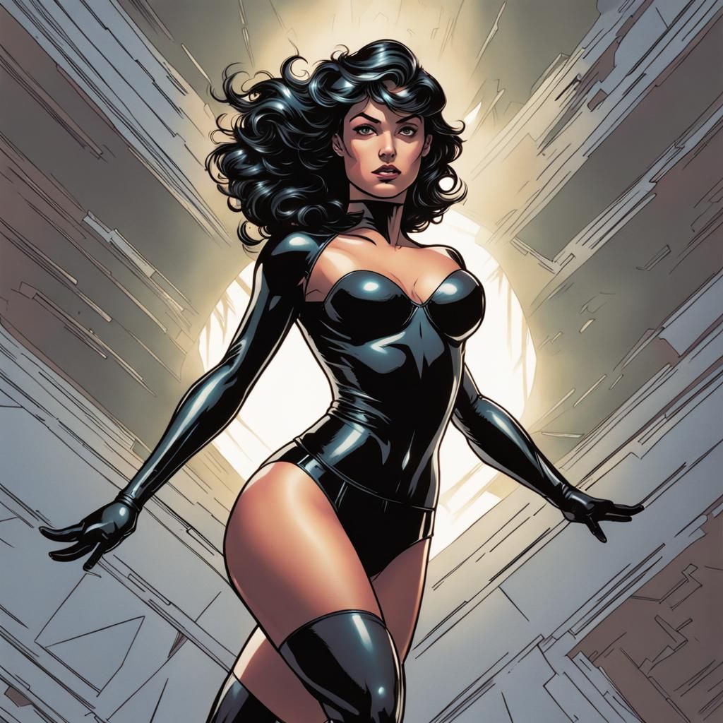 Superpowered Woman in Black Latex Costume