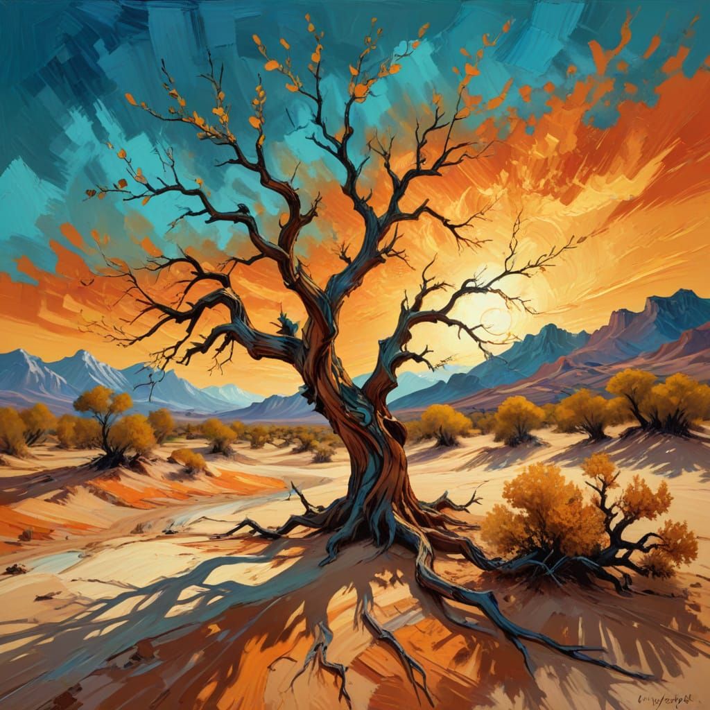 Gnarled Desert Tree Masterpiece in Vibrant, Painterly Style