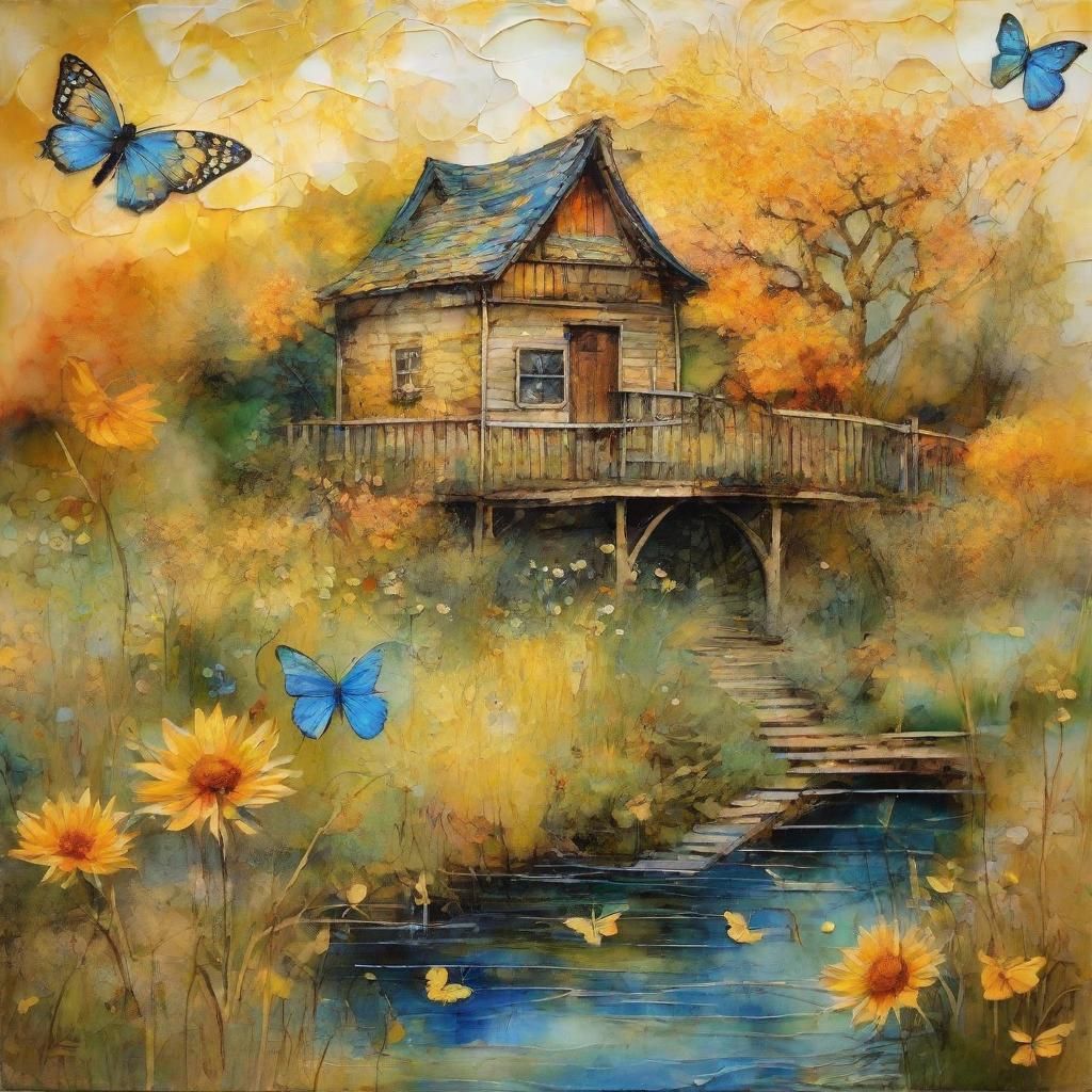 Whimsical Fairytale Cottage with Bridge in Watercolor