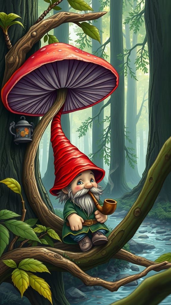 Gnome by Creek with Toadstool, Fantasy Art