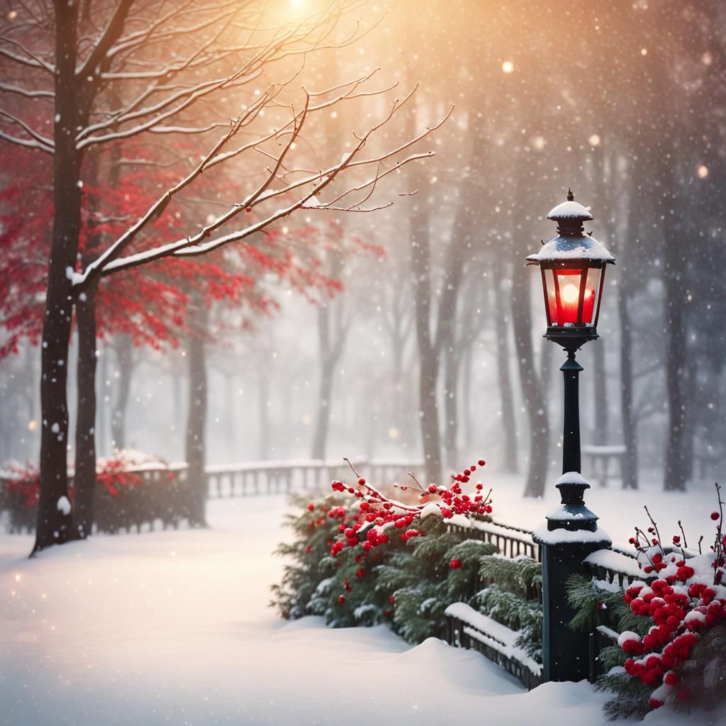 Impressionist Winter Landscape with Lantern and Berries