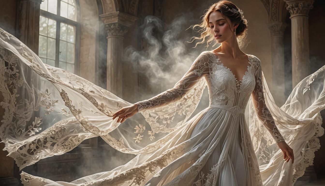Ethereal Woman in White Gown, Hyperrealistic Portrait
