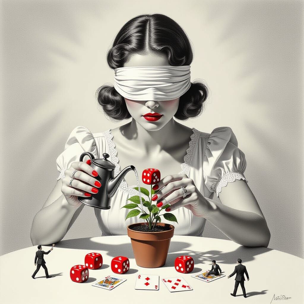 Surreal Blindfolded Woman Waters Dice Plant in Dreamlike Sce...