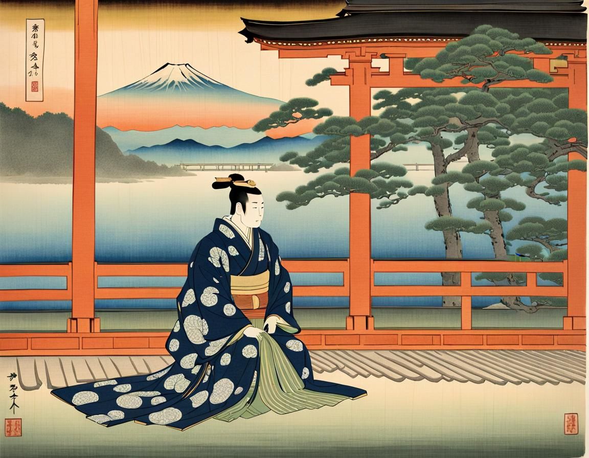 Japanese Emperor in Ukiyo-e Style at Itsukushima Shrine