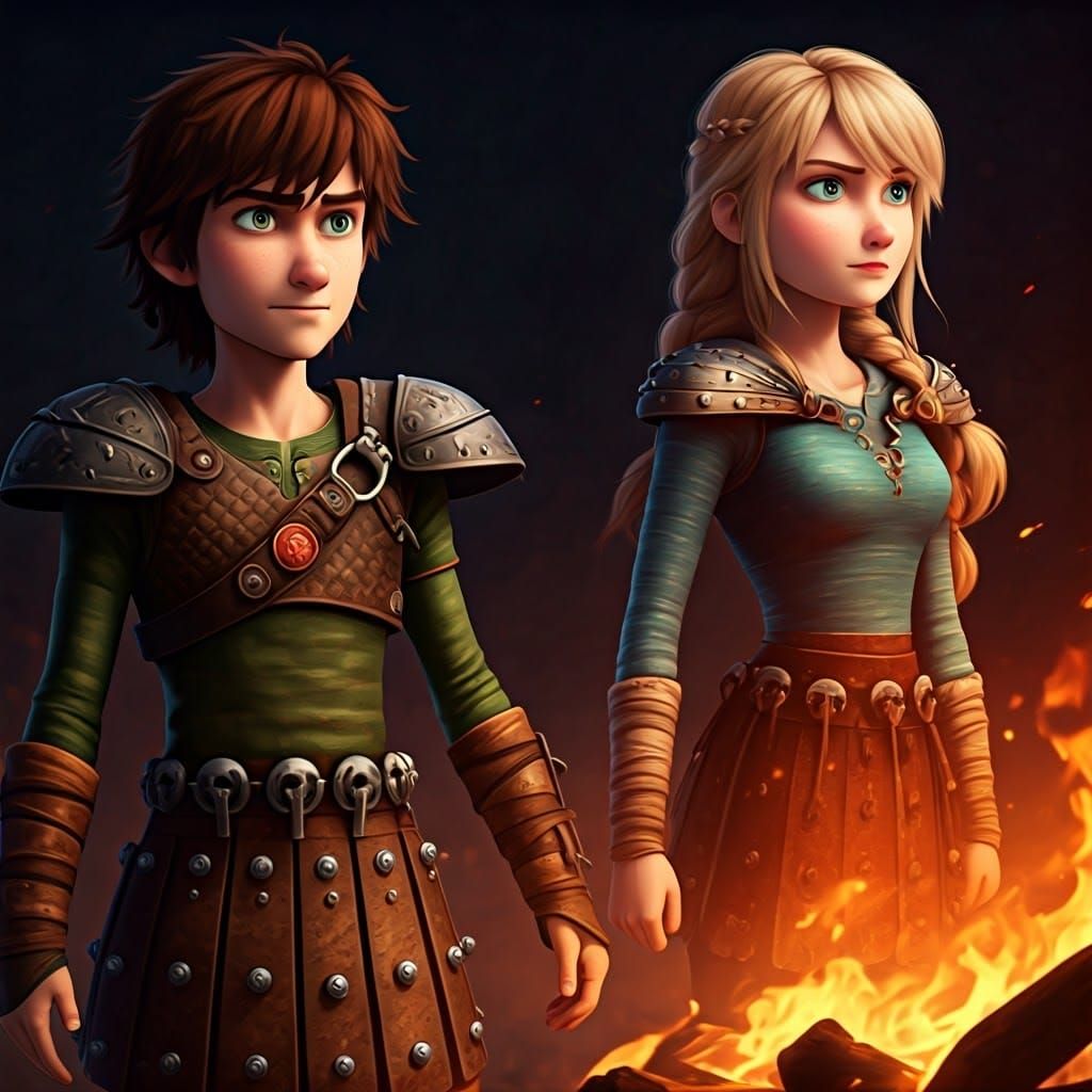 Young Hiccup Haddock Standing Beside Astrid Hofferson in Fro...