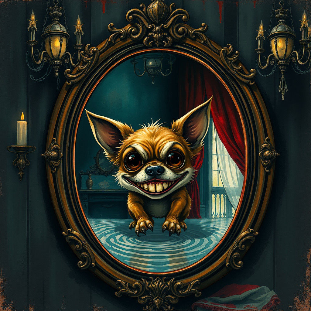 Chibi Horror Dog Emerges from Haunted Mirror