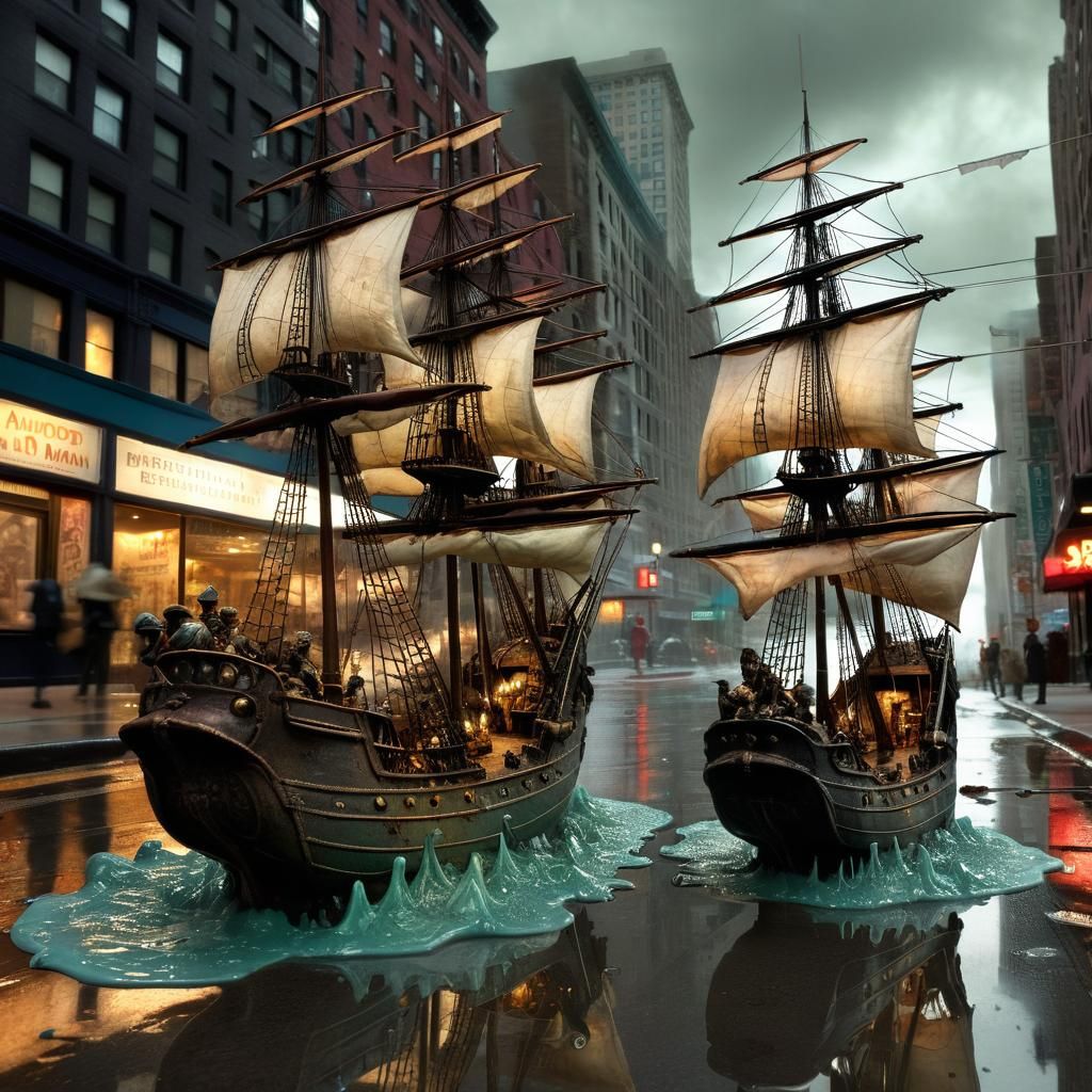 Antique Sailing Ship Battle on Broadway, Mixed Media