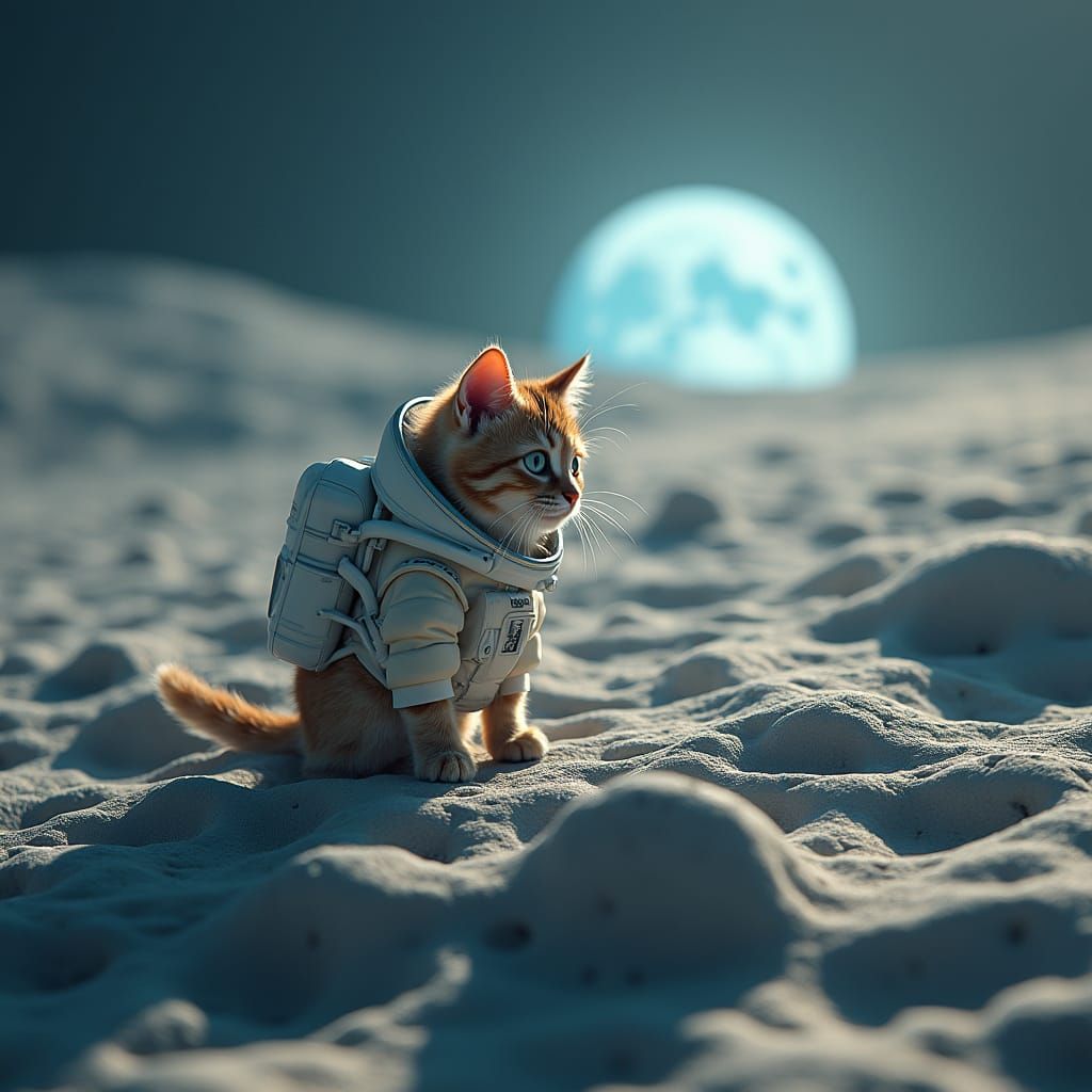 Cat in Ethereal Lunar Landscape