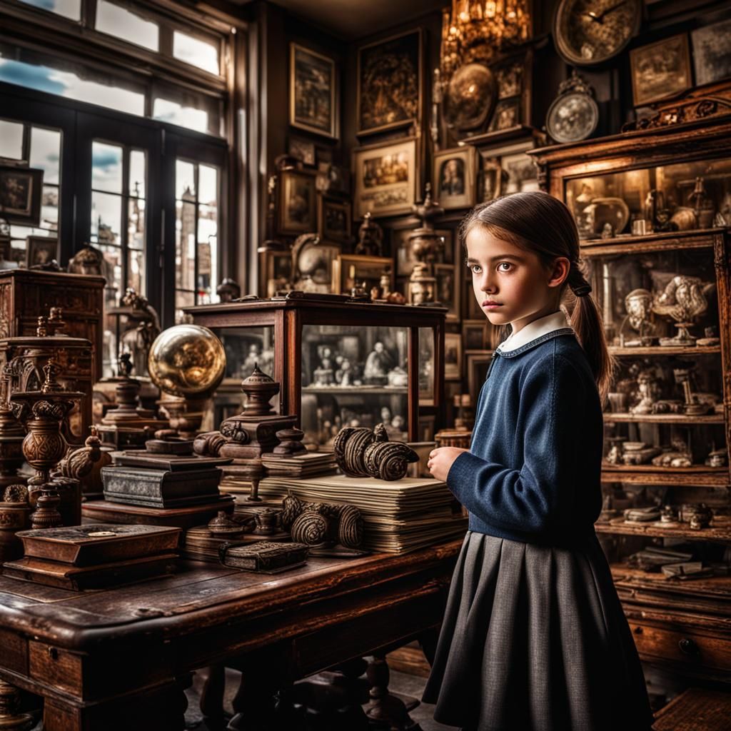 Hyperrealistic School Girl in Antique Shop