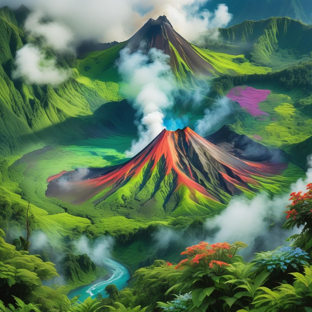 Surreal Volcano Erupts with a Kaleidoscope of Flowers