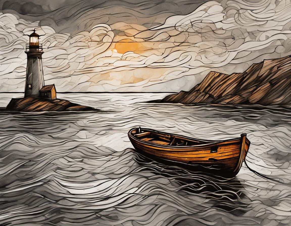 Vibrant Seascape with Lighthouse and Rocky Shoreline in Mixe...