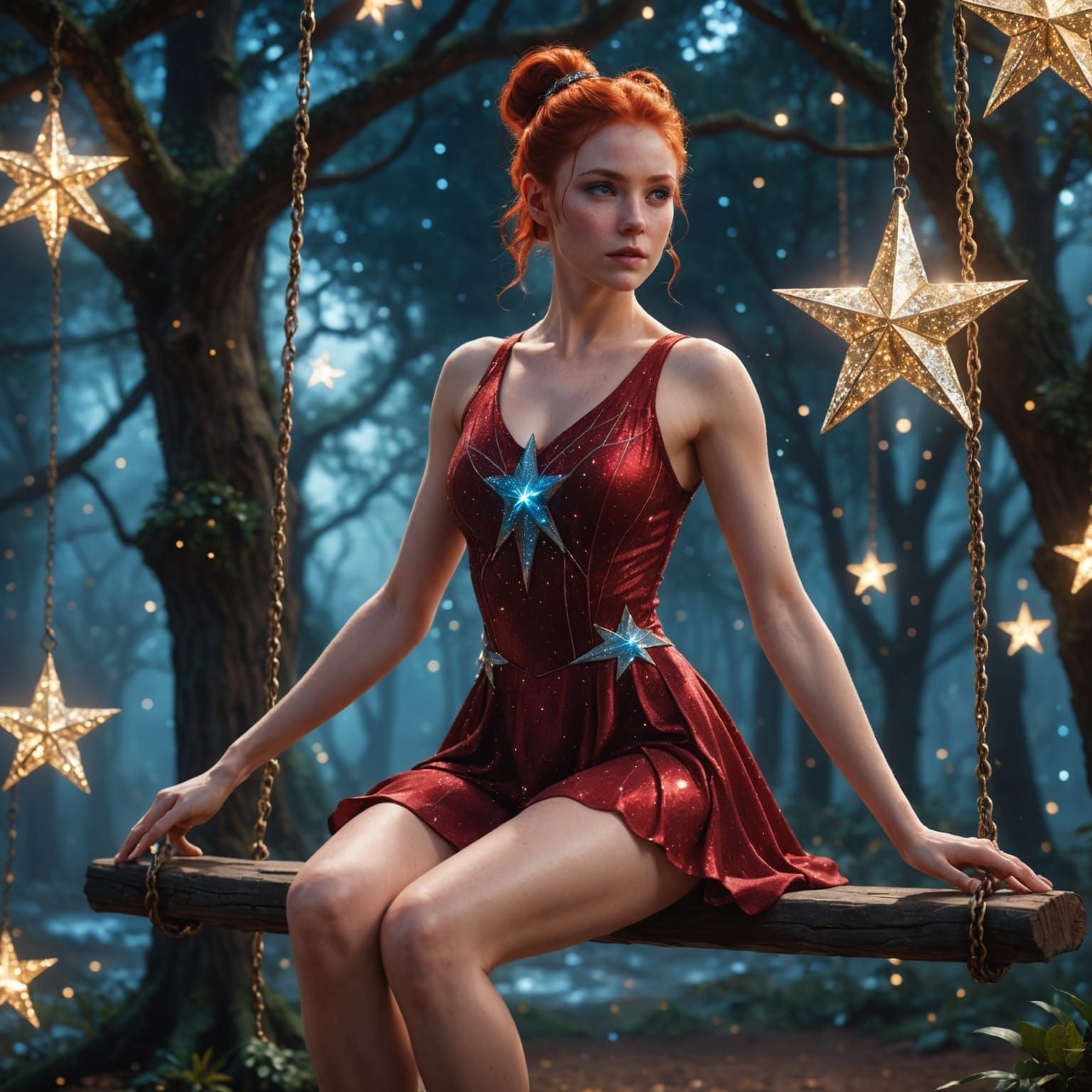 Fantastical Woman Swings on a Celestial Star