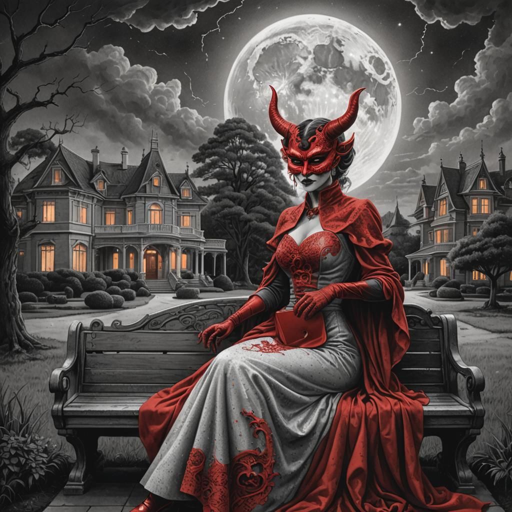 Woman in Oni Mask Before Mansion, Stippling Art