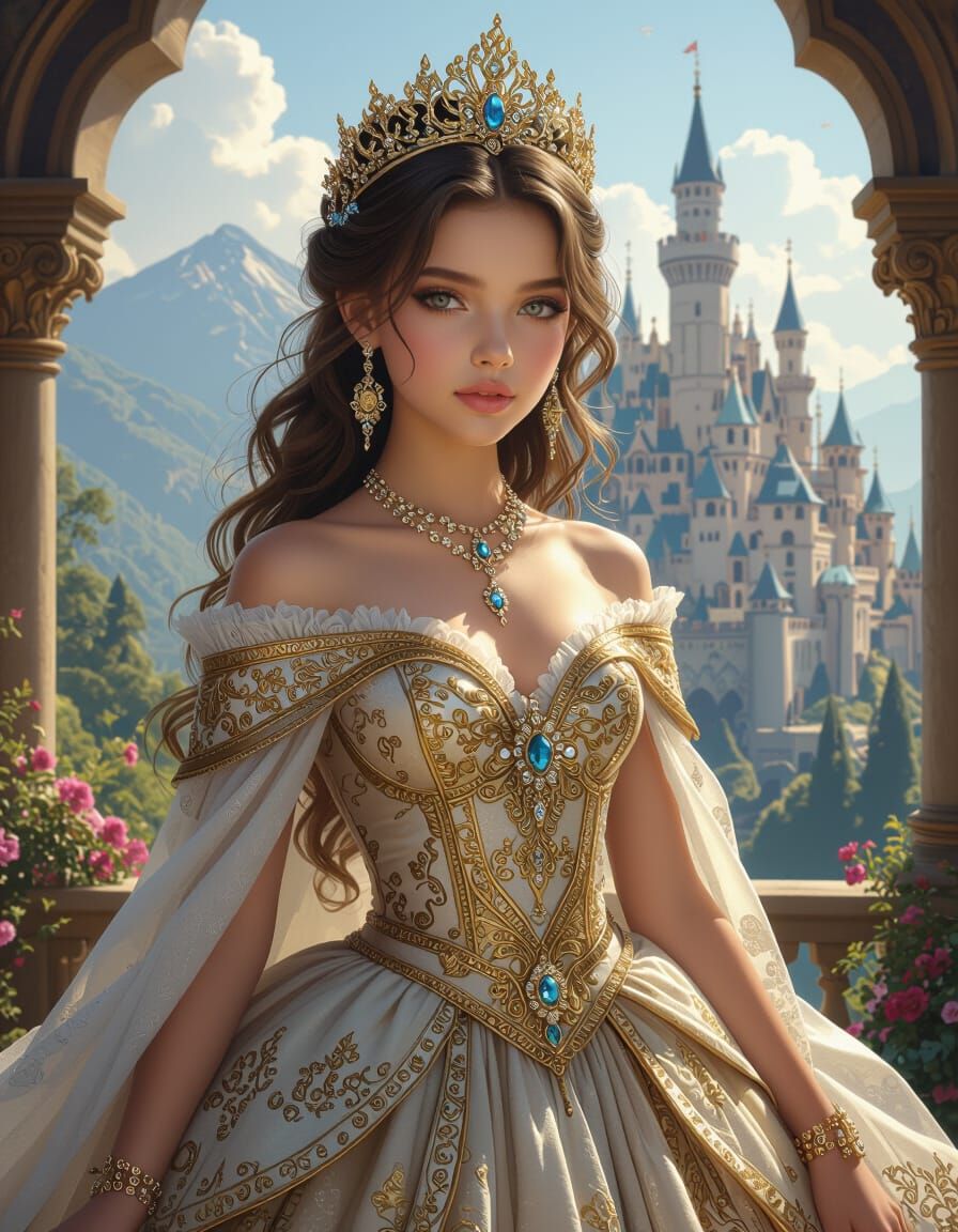 Majestic Queen in Celestial Fantasy Castle, Hyperrealistic S...