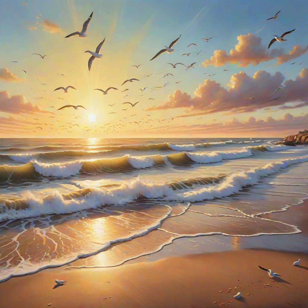 Golden Sunrise Over Coastal Beach: Oil Painting