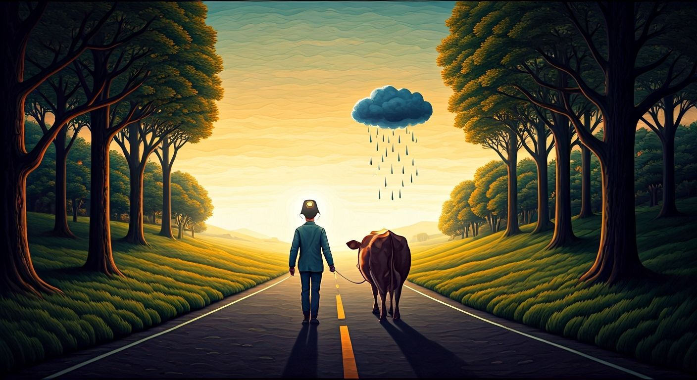 Surreal Boy Leads Cow Through Quilted Landscape