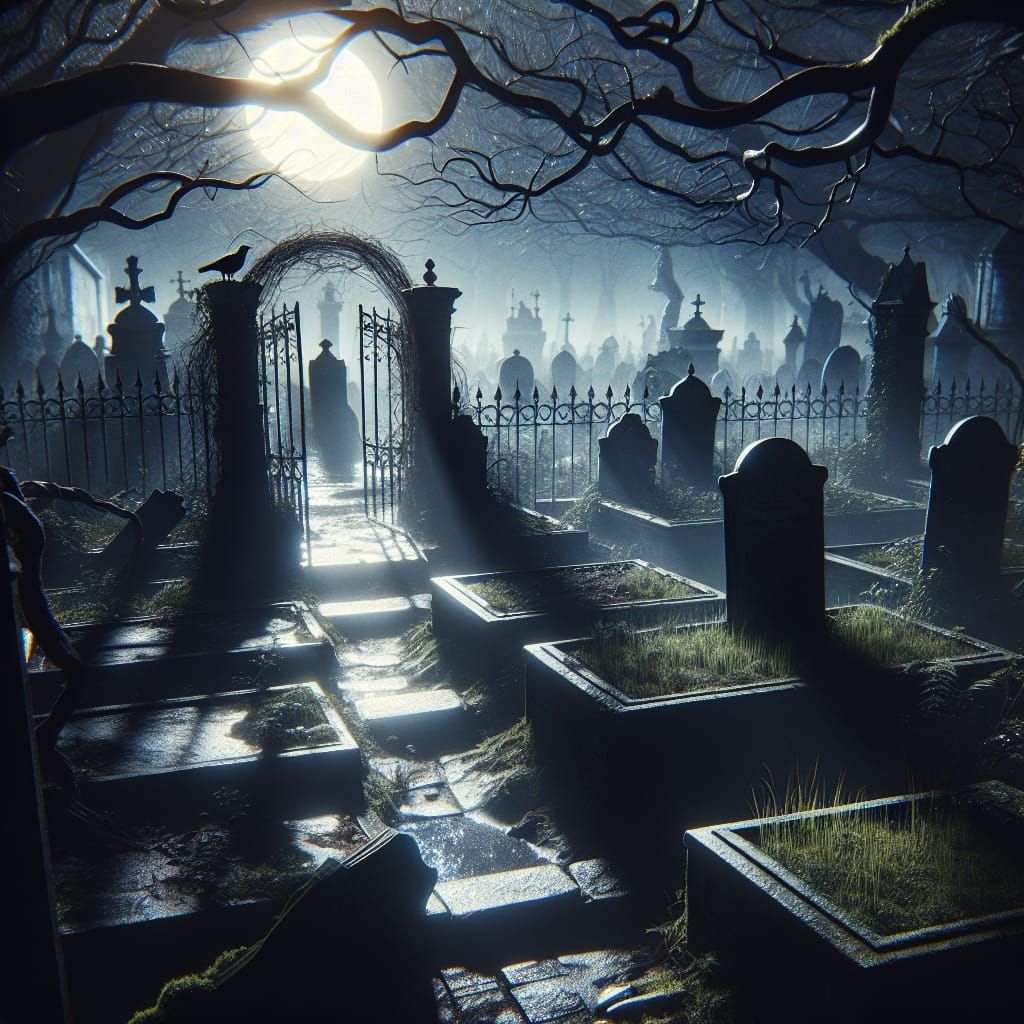 Haunting Graveyard Scene at Night