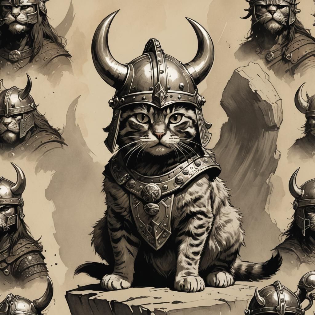 Cat in Viking Helmet, Heroic Fantasy Art