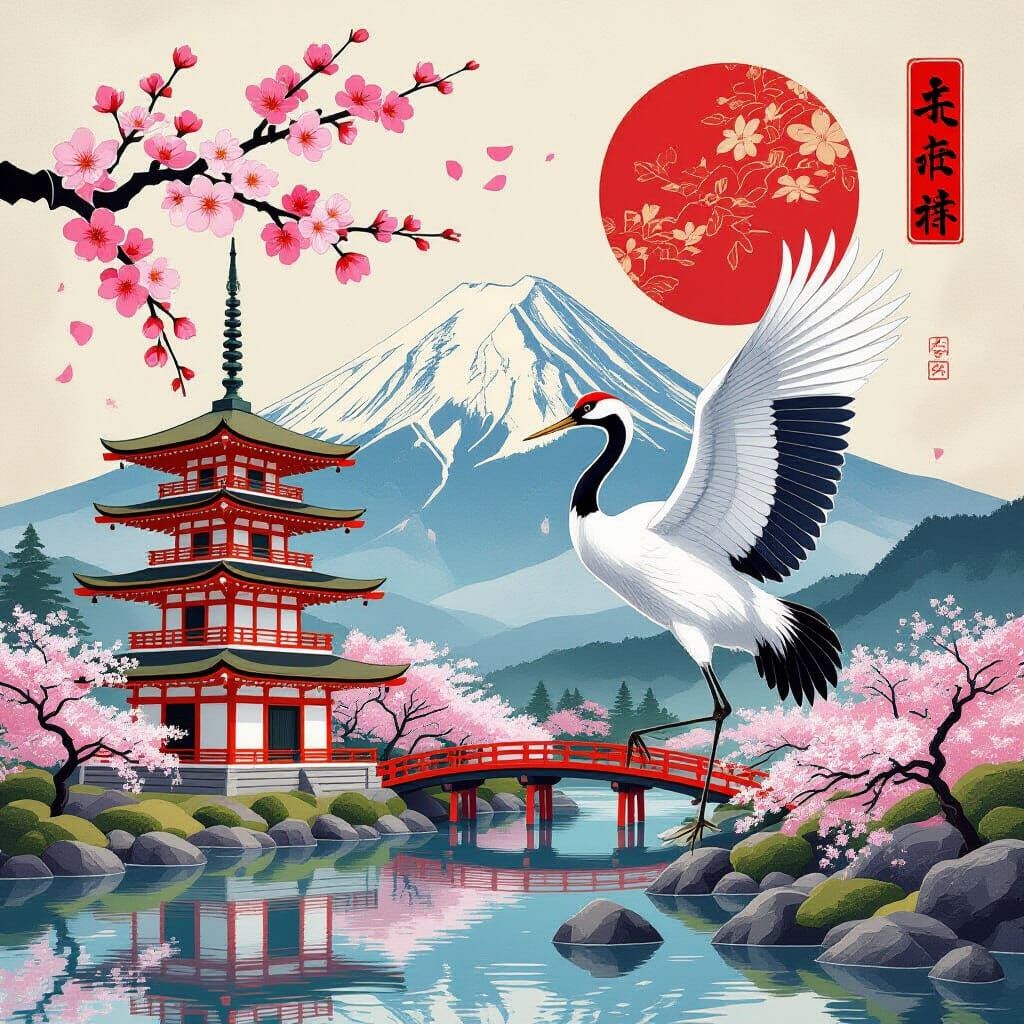 Abstract Japanese Collage: Crane, Pagoda, Mt. Fuji & Cherry ...