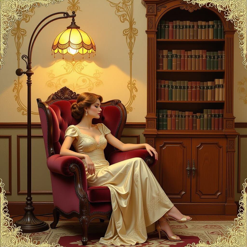 Art Nouveau Reading Nook with Woman in Armchair