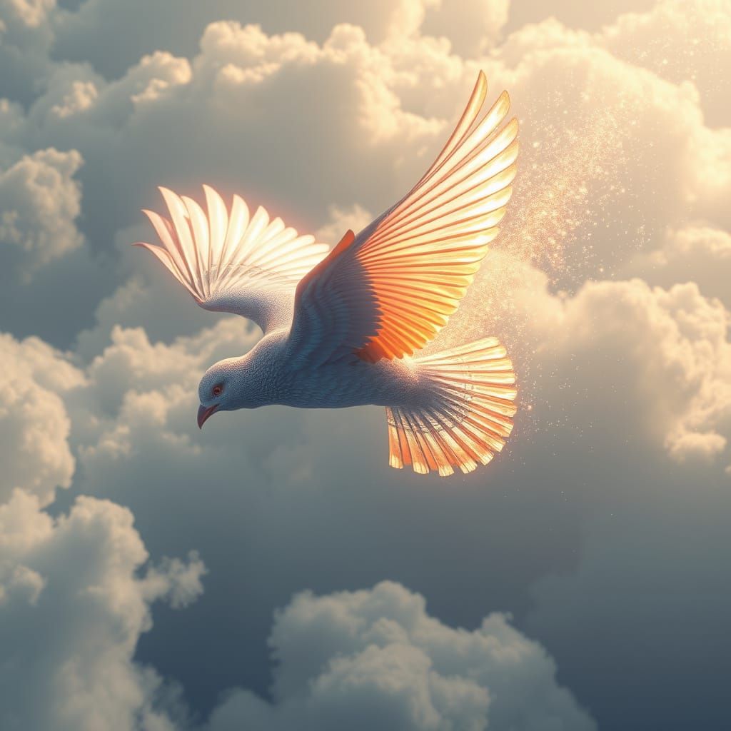 Iridescent Bird Soaring Through Clouds with Stardust Tail