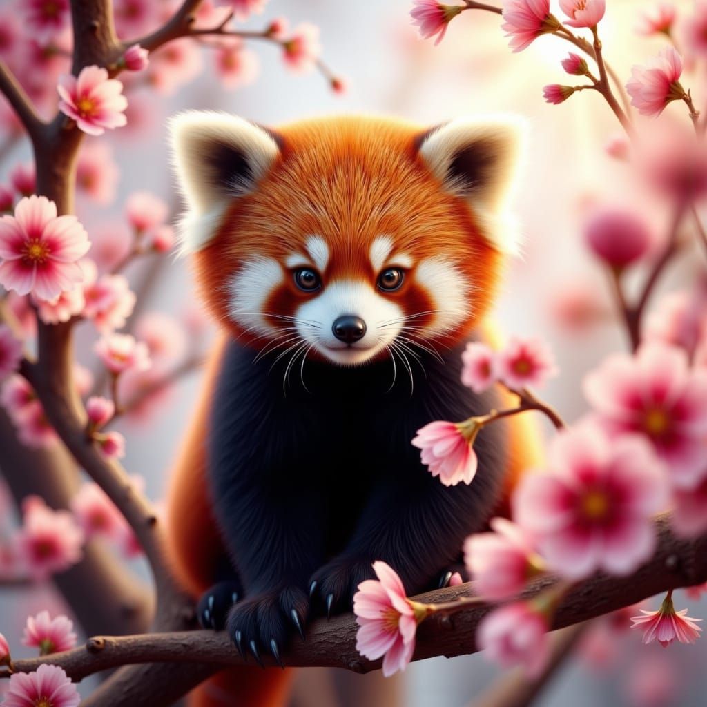 Red Panda on Branch with Cherry Blossoms in Fantasy Realism