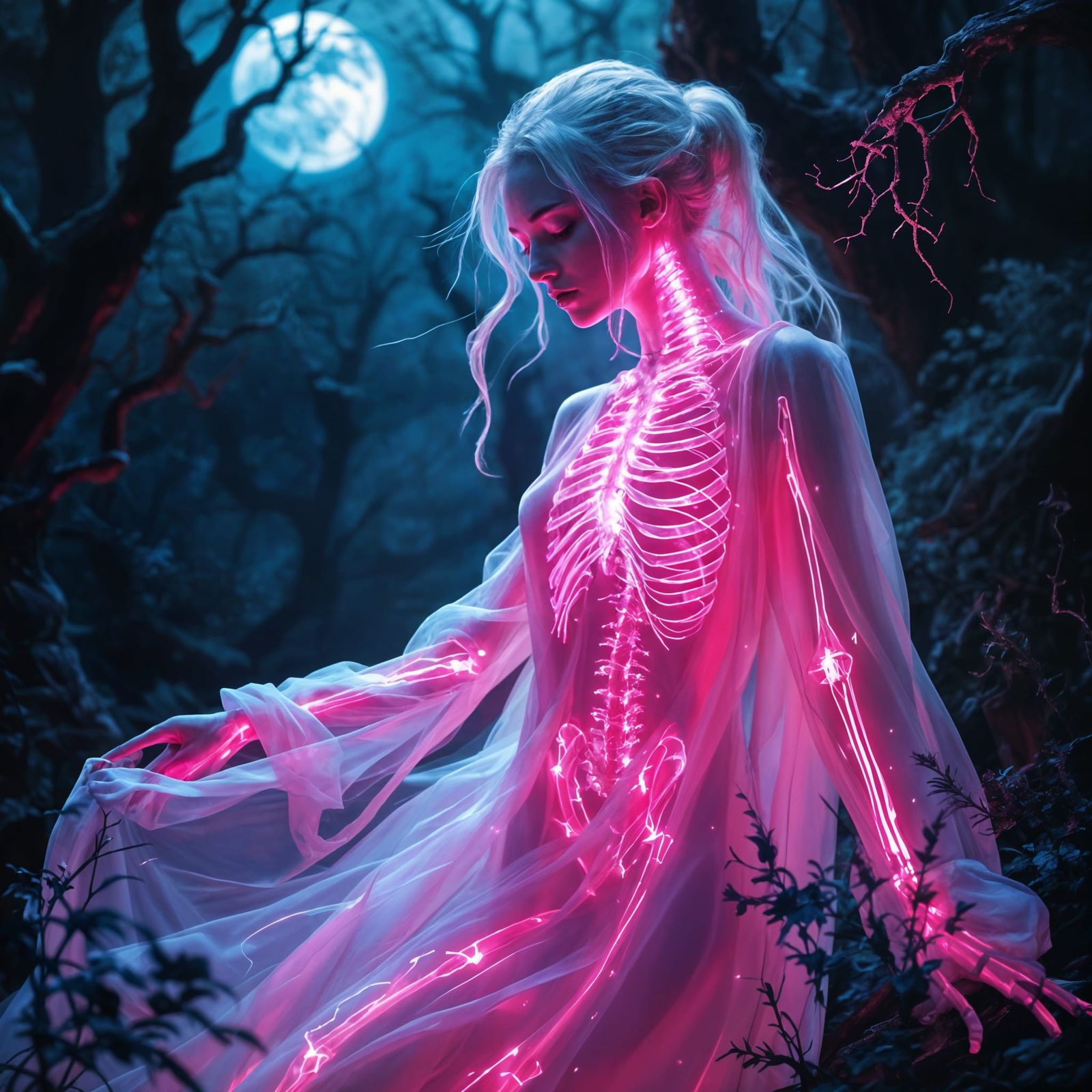 Neon Goddess Illuminates Dark Forest with Ethereal Glow
