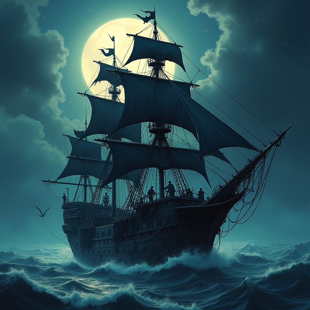 Spiderweb Galleon on Stormy Moonlit Sea