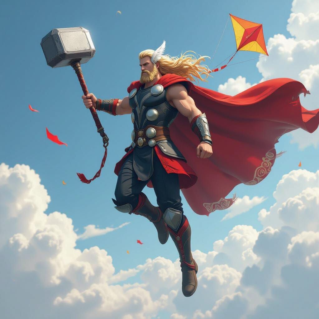 Thor Soars Above Kite in Stylized 3D Anime Art