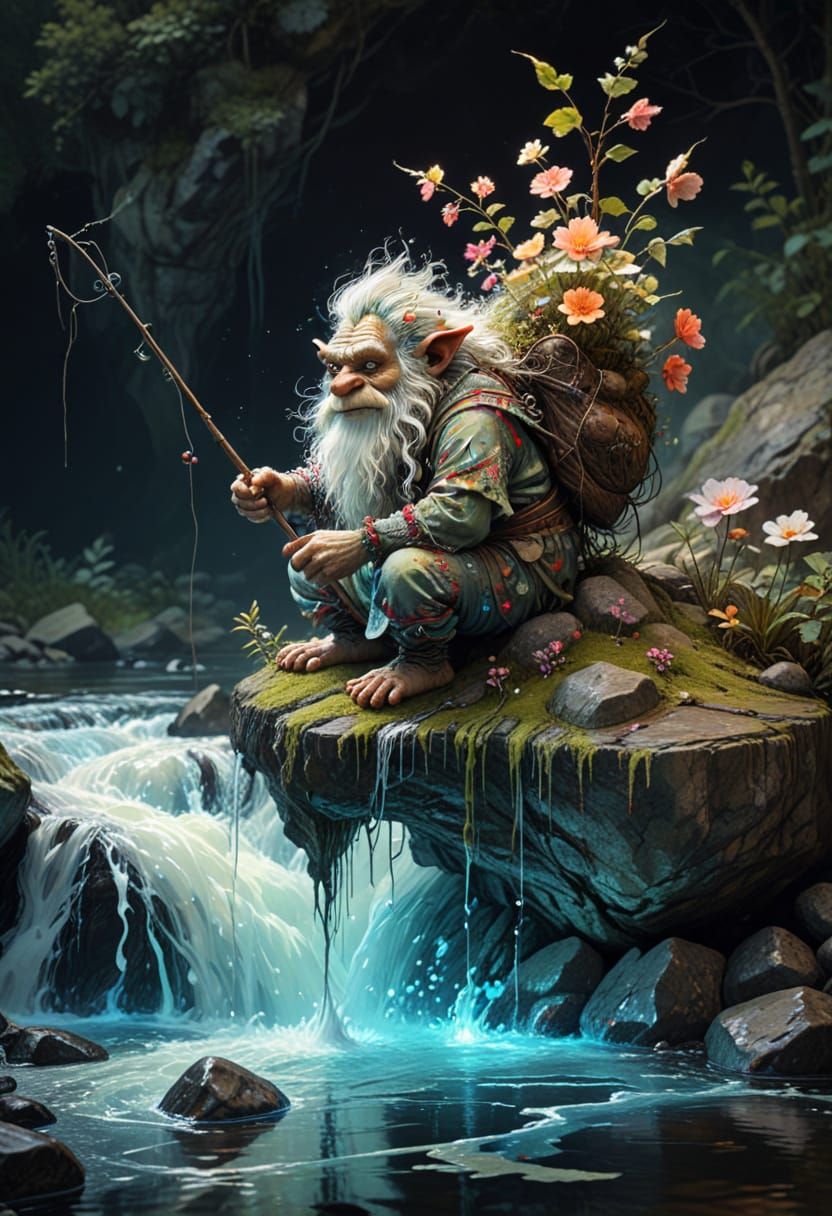 sectional elevation view of a cute troll with a fishing rod ...