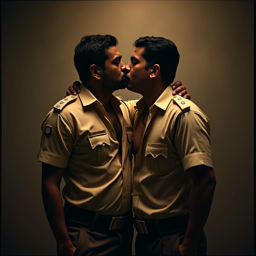Two Indian Police Officers Embrace in Cinematic Style