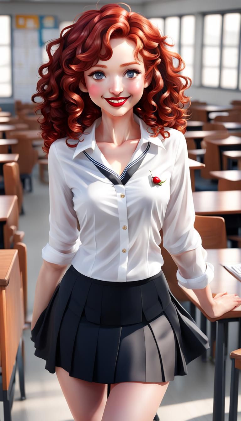 A very beautiful girl, small boobies, red curly hair, cherry red lips, blushing face smiling, beautiful eyes, 20 years o...