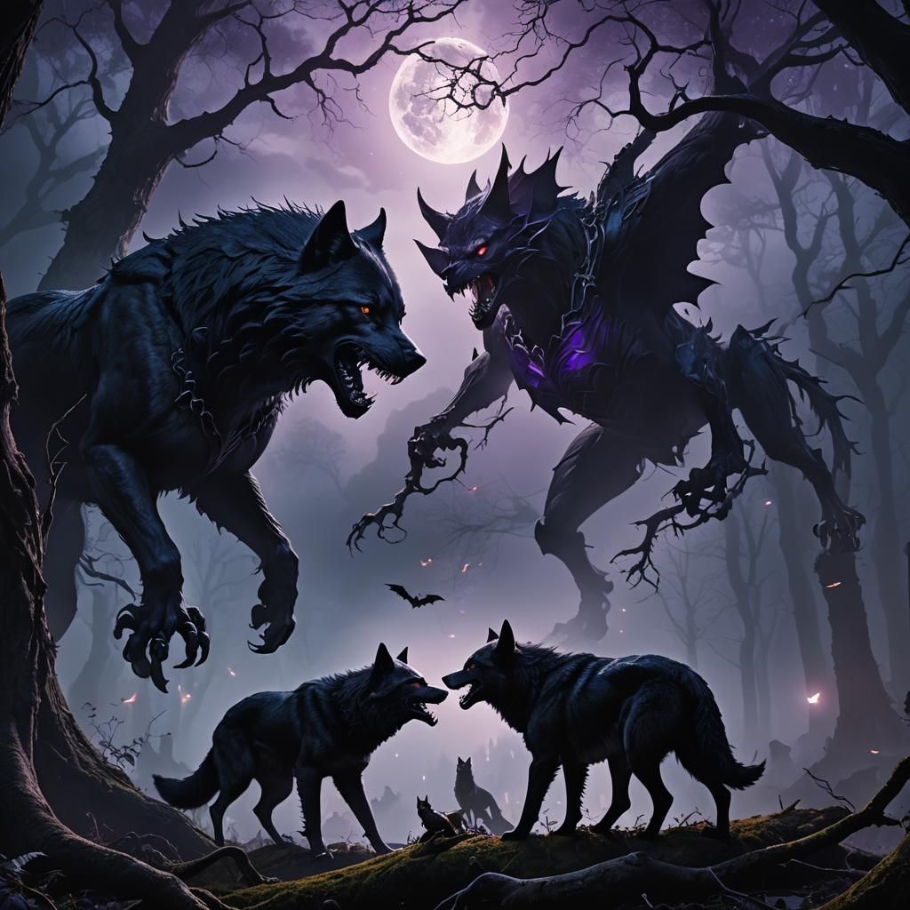 Epic Confrontation: Giant Wolf vs Bat in Dark Forest