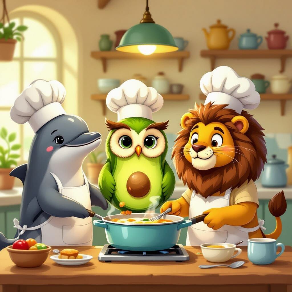 Whimsical Animals and Avocado Cook Together in Digital Art
