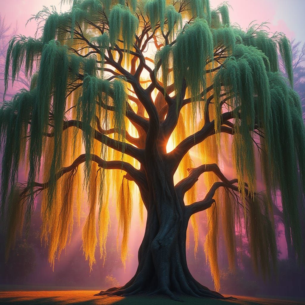 Great Weeping Willow Tree in Hyperrealistic Forest