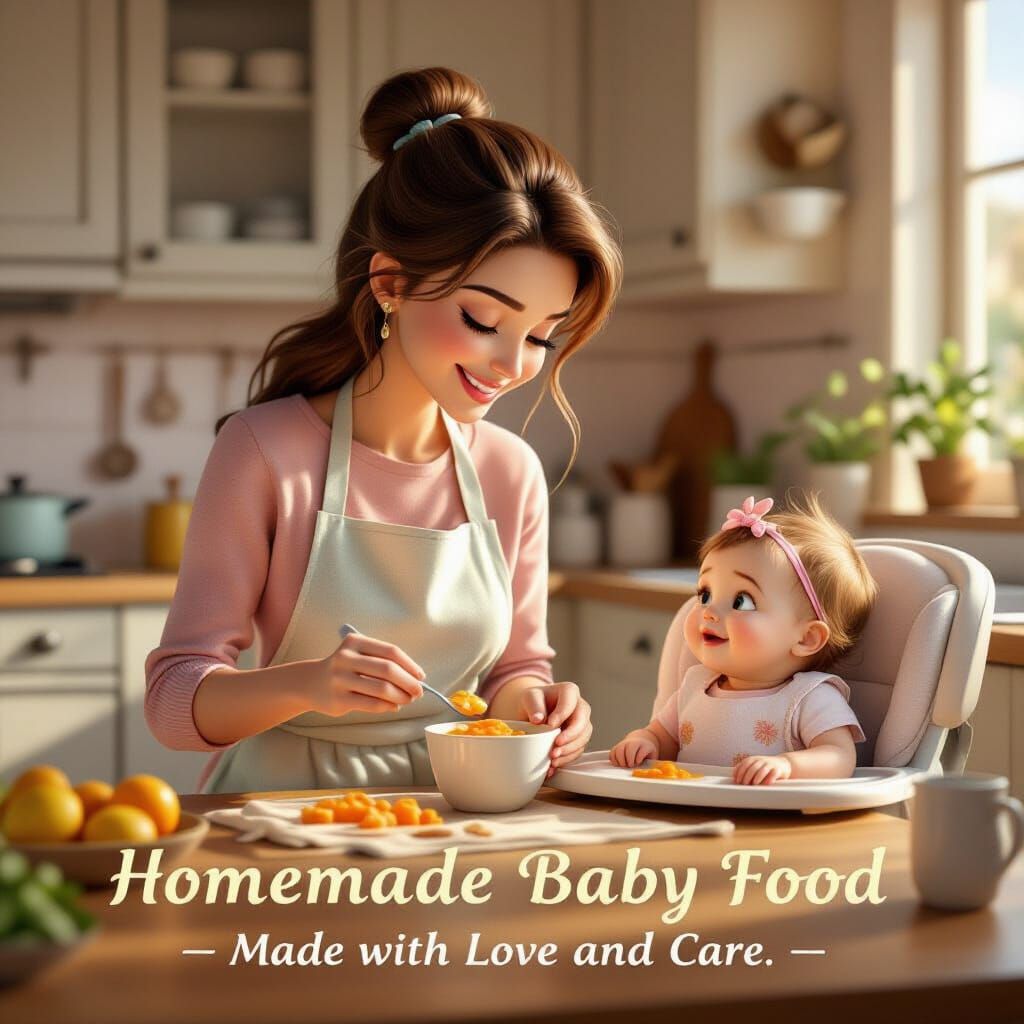 Loving Mother Prepares Baby Food in Cozy Pixar-Style Kitchen