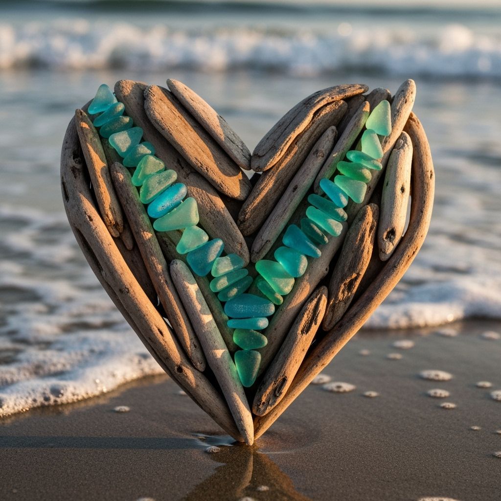Driftwood Heart with Sea Glass Stones on Shore